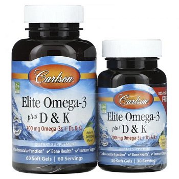 Carlson Labs Elite Omega-3 plus D & K 700мг Omega-3s + D3 & K2 (Лимон) 60+30 капсул