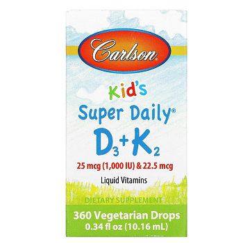 Carlson Labs Kids Super Daily D3 + K2 25 мкг (1000 iu) & 22.5 мкг (360 капель) 10.16 мл
